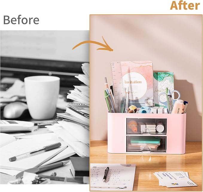 Marbrasse Pen Organizer with 2 Drawer, Multi-Functional Pencil Holder for Desk, Desk Organizers and Accessories with 5 Compartments + Drawer for Office Art Supplies (Pink) - Image 7