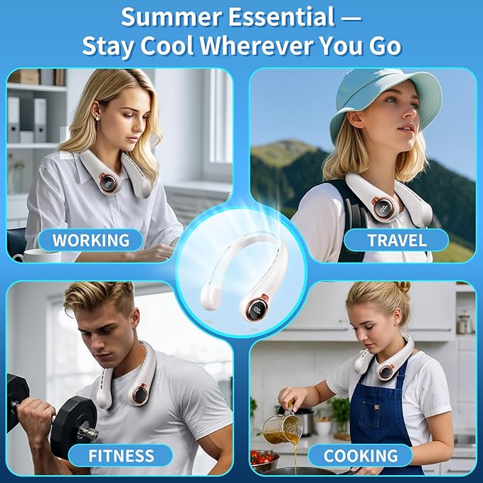 BNBZ Portable Neck Fan, 6000mAh Rechargeable Fan Blows Cold Air with LED Display, 4 Speeds, 20H Runtime, Quiet Wearable 360° Personal Cooling Fan for Outdoor Travel Work Gym,Fireplace Fans-White - Image 7