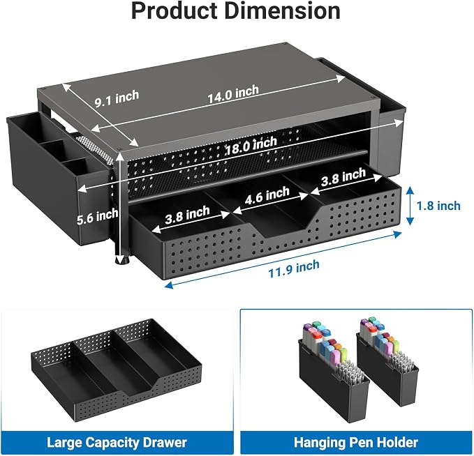 Monitor Riser, Laptop Stand for Desk, Office Desk Organizer and Accessories, Computer Monitor Stand, Desktop Shelf with Drawer and Pen Holder, Printer Stand for Home, Office, Dorm (Black) - Image 7