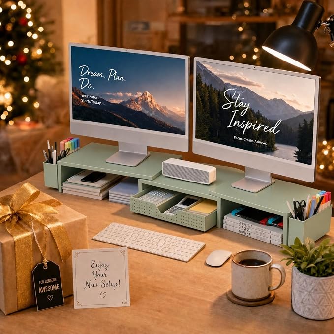 OPNICE Desk Organizers and Accessories, Dual Monitor Stand Riser with Drawer and 2 Pen Holders, Desk Shelf Metal Computer Monitor Stand for Office Workspace Organizers, Desktop Organization (Green Metal) - Image 9