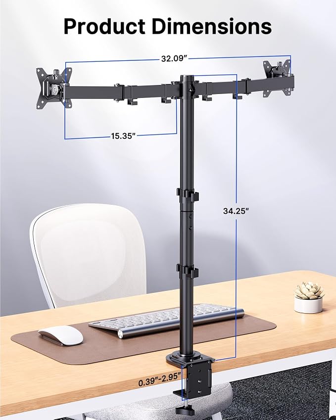 HUANUO Dual Monitor Stand for 13-32 Inch Screens, Tall Pole Desk Mount,Larger Base, Ideal for Sit-Stand Workstations, 22 lbs per Arm, VESA 75x75/100x100mm, Tilt Swivel Rotation, Cable Management - Image 7