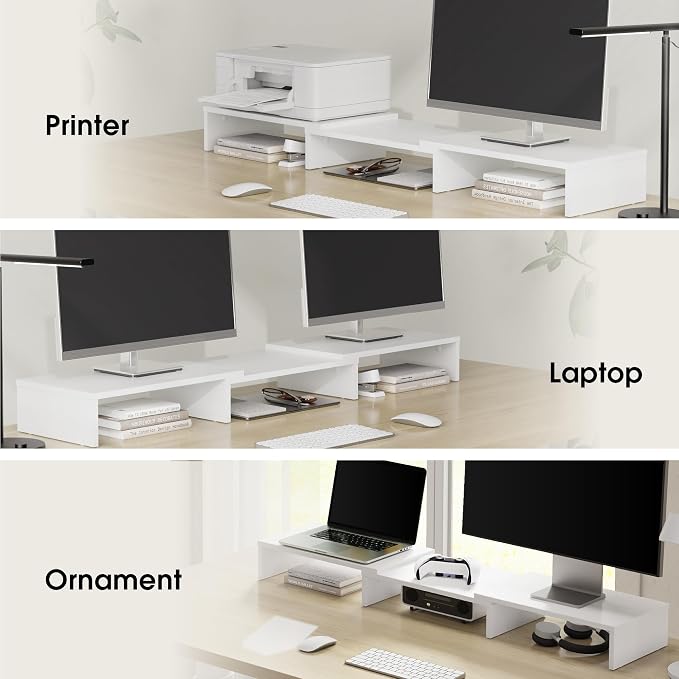 FITUEYES Dual Monitor Stand Riser, Adjustable Length and Angle, White | Wooden 3-Shelf Design, Supports up to 55lbs, Flexible for Standard Corner Space, Holds Monitor, Laptop, Phone, Printer - Image 8