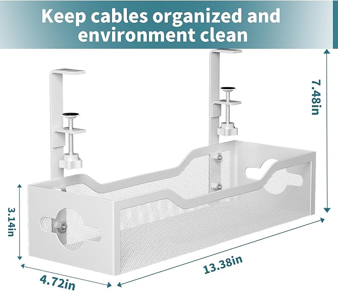 Under Desk Cable Management Tray No Drill, 13.38'' Metal Tray with Clamp for Wire Management, Litwaro Cord Organizer Home Office Damage to Standing Desk, White - Image 7