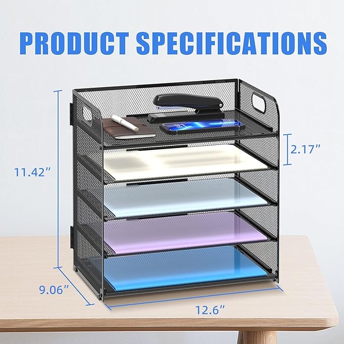 Supeasy 2 Pack 5-Tier Desk Organizer with Handle Mesh Desk File/Paper Organizer Letter Tray for Office, School, Classroom and Home Easy Installation, Black - Image 6