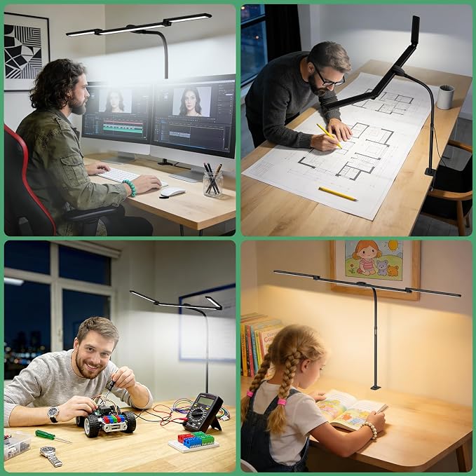 LED Desk Lamp for Home Office,3 Lamp Bars, 5 Color Temperatures & 10 Dimming Brightness, Flexible Neck, 15W USB Adapter Desk Light with Clamp for Reading, Study, Craft (Black) - Image 7