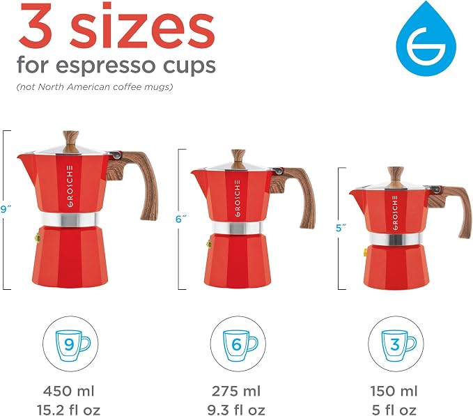 GROSCHE Milano 6 Espresso Cup, 9.3 oz Red Stovetop Espresso Maker - Italian Moka Pot | Cuban Coffee Maker And Italian Moka Pot For Stovetop Espresso; For Gas, Electric, And Propane Stoves With A Soft-Touch Handle - Image 7