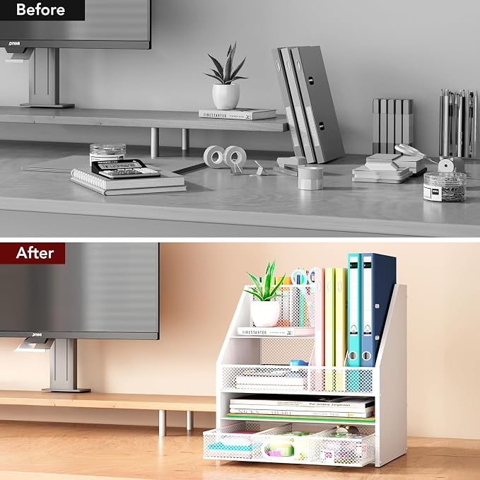 Homsorout Wooden Desk Organizer - Mesh File Organizer with Drawers and Pen Holder - 4-Tier Vertical Paper Letter Storage Tray, Desktop Organizers and Accessories for Home Office (White - Image 8