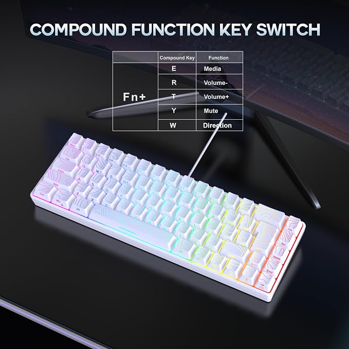 Snpurdiri 65% Wired Gaming Keyboard, 68 Keys RGB (Contour-line, White) | Backlit Ultra-Compact Small Gaming Keyboard, for PC/Mac Gamer, Typist, Travel, Easy to Carry on Business Trip - Image 8