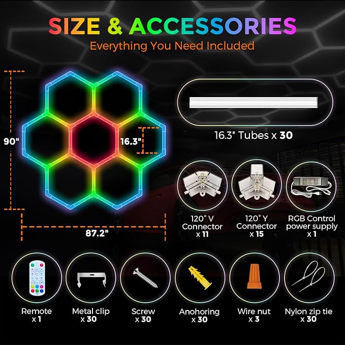 RGB Hexagon Garage Lights 7 Hex, Duplex Signal RGB Hexagon Led Lights with Music Sync Mode, Easy Setup RGB Ceiling Lights for Garage, Gym, Studio, Gaming Room, Party, Bar - Image 8