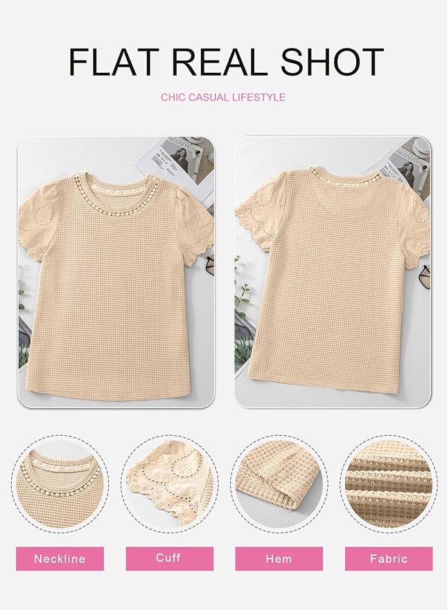 SHEWIN Womens Frenchy Summer Tops Crewneck Short Sleeve T Shirts Casual Waffle Knit Jacquard Blouses Top Shirts - Image 8