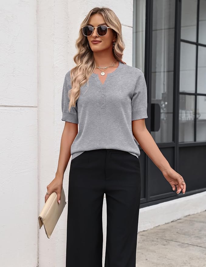 Zeagoo Women's Short Sleeve Sweater 2026 Spring Summer Tops Lightweight Casual V Neck Sweaters Dressy Work Blouses Clothes - Image 4