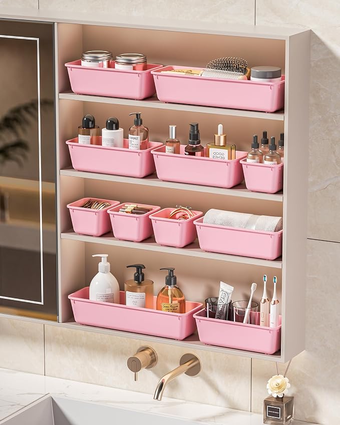 KEMETHY 25 PCS Plastic Drawer Organizers Set, 4 Sizes Vanity Organizer | Makeup and Desk Drawer Organizer Trays, Organization and Storage for Makeup, Bathroom, Kitchen Utensils and Office (Pink) - Image 7