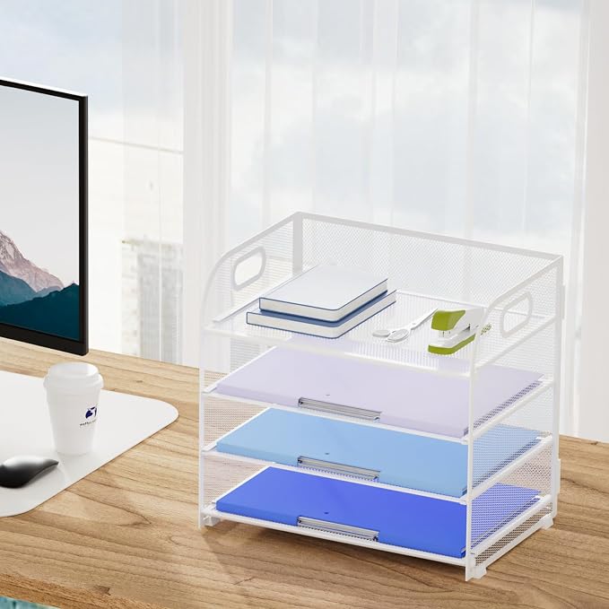 Marbrasse 4 Tier Paper Organizer Letter Tray, Mesh Desk File Organizer with Handle, Paper Sorter Organizer for Letter /A4 Office File Folder Holder(White, 12.6" x 9.1" x 10.7") - Image 6