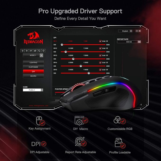 Redragon M612 Wired RGB Optical Gaming Mouse 8000 DPI Remapping Keys | Stable Lag-Free Connection, Redefine Keybinding Macro, Vibing Backlight, Ergonomic Grip Body Comfort - Image 8