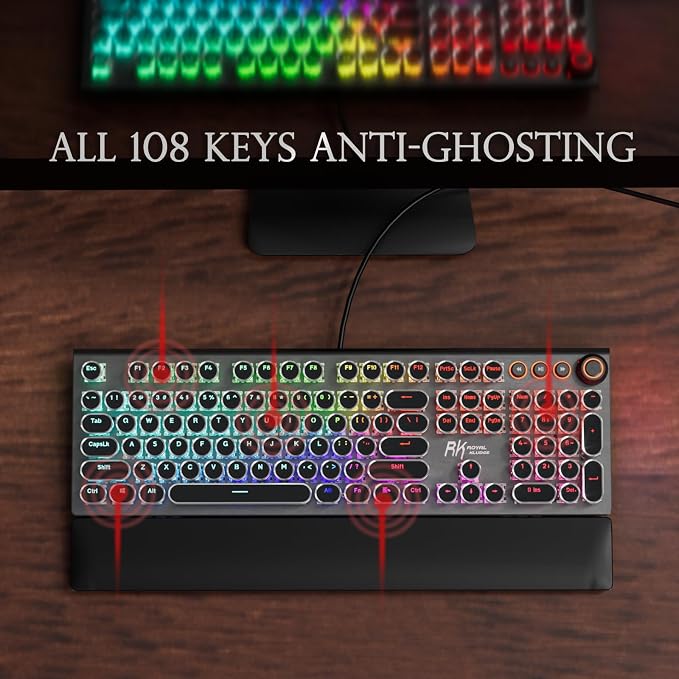 RK ROYAL KLUDGE X108 Typewriter Keyboard with Knob, Wired Mechanical Gaming Keyboard, 108 Keys RGB Backlit Sidelight, Detachable Wrist Rest, Retro Round Keycaps Blue Switches - Shadow Black - Image 7
