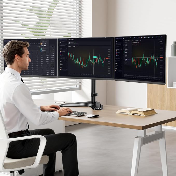 Triple Monitor Stand, Full Motion Arm Fits up to 27 inch | Free standing, Cable Management, 22 lbs Weight Capacity per Arm, 75/100 mm VESA, Black - Image 8