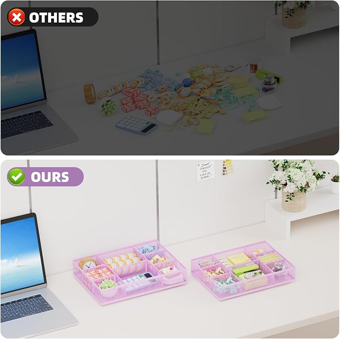 Marbrasse 2 Pack Desk Drawer Organizer, Mesh Drawer Organizer Tray with 8 Adjustable Compartments, Desk Organizers and Accessories, 5 Dividers Drawer for Office Supplies, Makeup & Vanity (Purple) - Image 7
