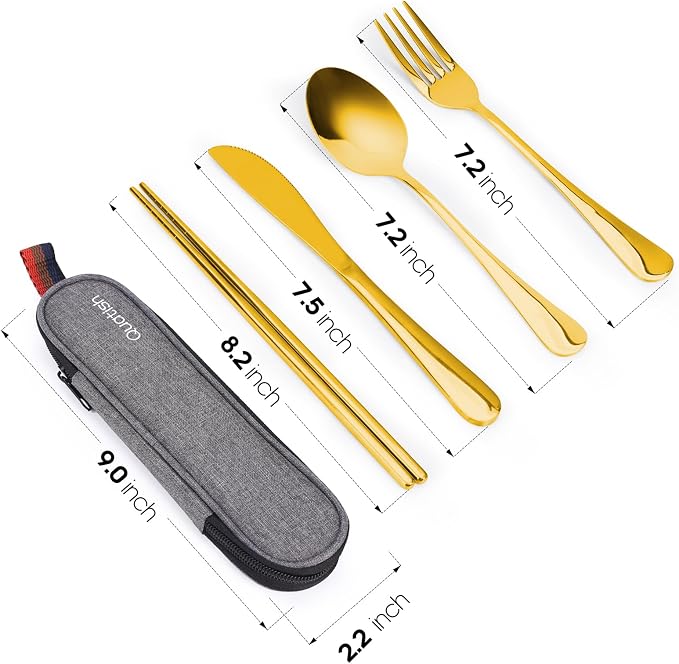 Travel Utensils with Case, Quatish Portable Silverware Set for Work, Stainless Steel Reusable Travel Cutlery, Fork and Spoon Set for Camping, Picnic, Gadgets, Lunch Box for Men, Christmas Gift, Gold - Image 7
