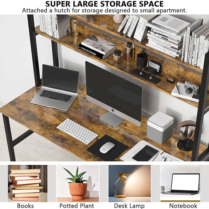 Aquzee Computer Desk with Hutch Bookshelves, 55 Inch Home Office Writing Desk with Space Saving Design, Gaming Table Organized Desk with Storage Shelves Bookshelf Easy Assemble, Rustic Brown - Image 7