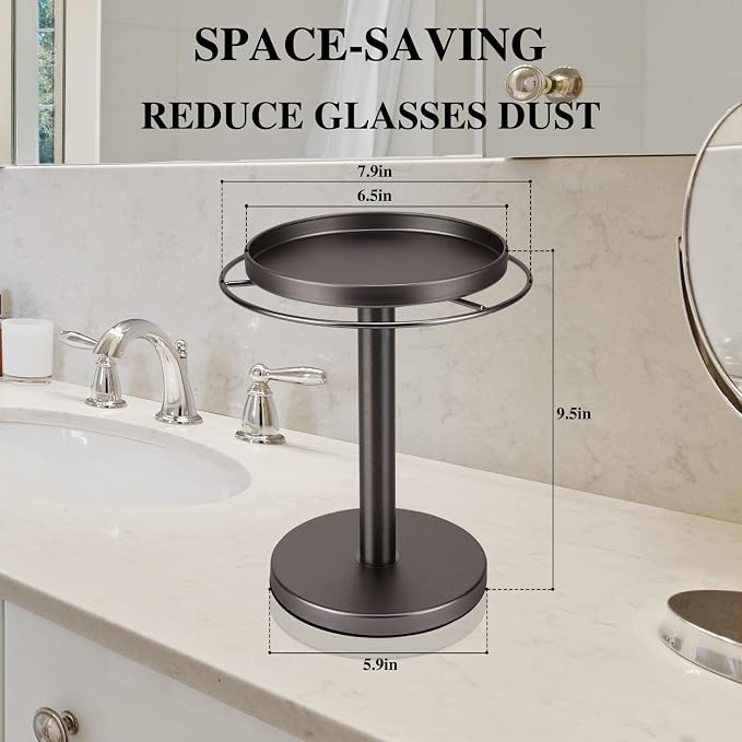 kondyfayo 360 Rotating Sunglass Organizer Glasses Holder (Titanium Black) | Stainless Steel Stand with 360 Rotation Holds 9 to 12 Pairs. Top Tray Stores Rings, and Keys for Desk, Dresser, Nightstand - Image 6