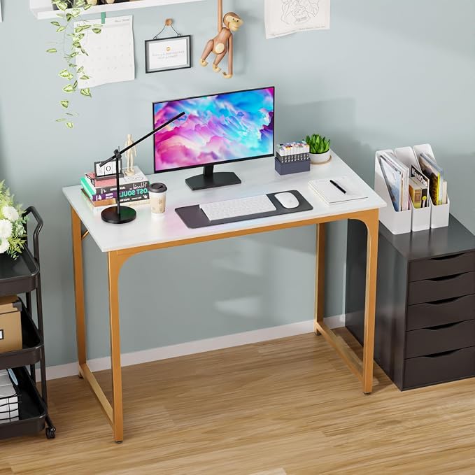 PayLessHere | 39 Inch Computer Desk | White Gold | Sturdy Office Desk | Metal Frame, Adjustable Feet | Water-Resistant, Scratchproof Surface | Writing Table for Home Office or Study | Pack of 1 - Image 7