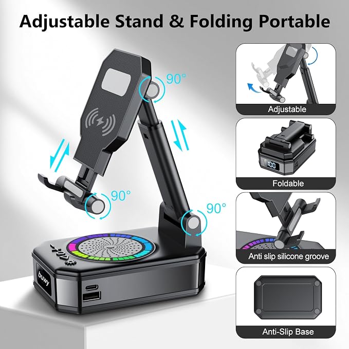 Birthday Gifts for Men Women Teens, Wireless Charger Phone Stand with Bluetooth Speaker, Phone Charger Stand with LED Lights, Anti-Slip Base Adjustable for iOS Android Father's Day Best Gifts - Image 7