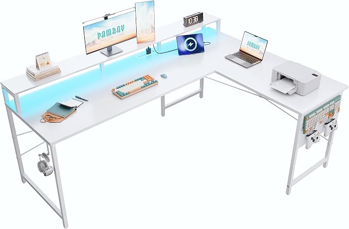 Pamray 64 Inch L Shaped Gaming Desk with Monitor Stand and Power Outlets | Large Corner Computer Desk With Pegboard & Led Lights USB Charging Ports for Home Office Study and Writing Bedroom and Dorms - Image 8