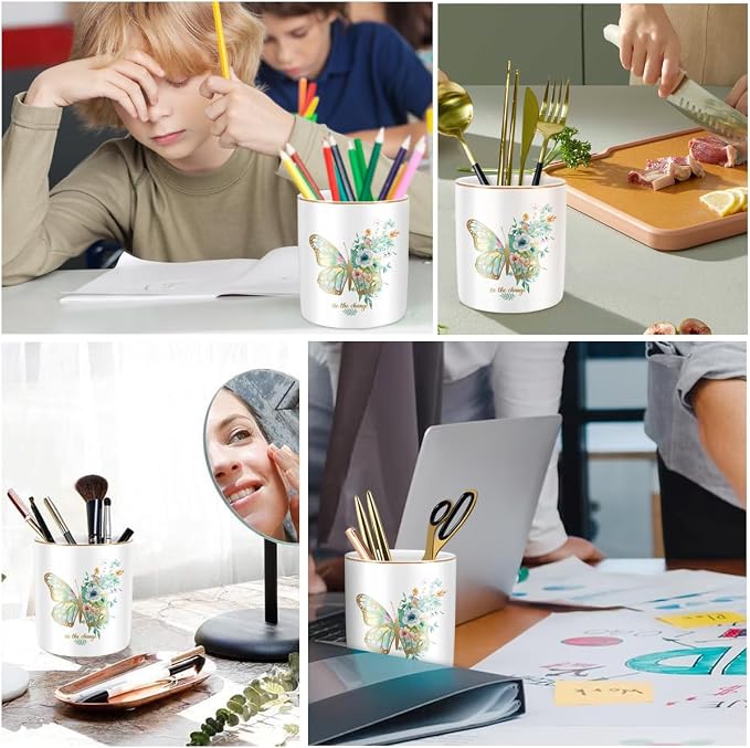 Cute Pen Holder for Desk, Ceramic Durable Pencil Cup, Simple&Modern Style Makeup Organizer, Multifunctional Office Supplies for Home, Kids and School, Butterfly Pattern - Image 7