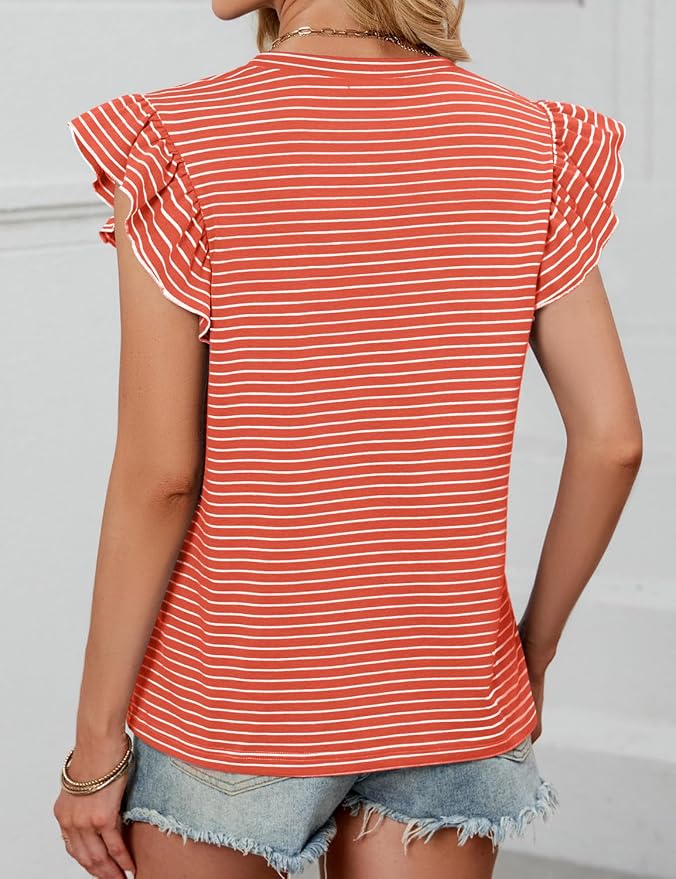 JUSTFASHIONNOW Womens Summer Tops Striped T-Shirts 2026 Ruffle Short Sleeve Crew Neck Casual Blouses with Pocket - Image 6