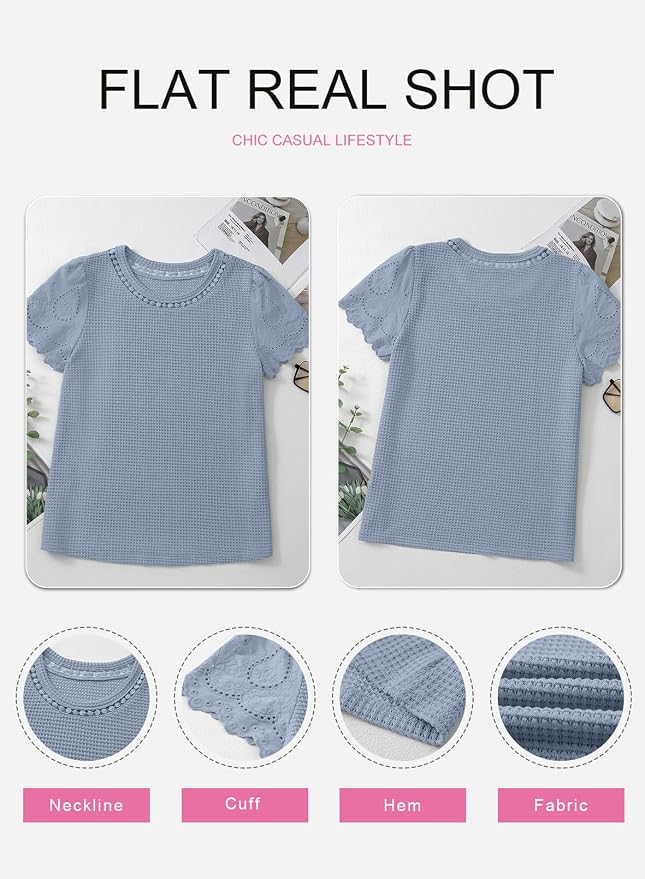 SHEWIN Womens Frenchy Summer Tops Crewneck Short Sleeve T Shirts Casual Waffle Knit Jacquard Blouses Top Shirts - Image 8