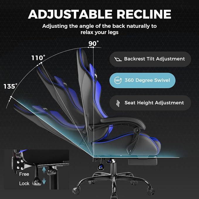 GTPLAYER Gaming Chair, Computer Chair with Footrest and Lumbar Support, Height Adjustable Game Chair with 360°-Swivel Seat and Headrest and for Office or Gaming (Faux Leather, Blue) - Image 7