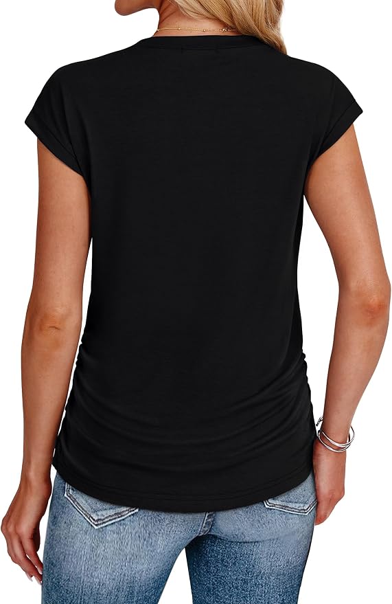 Sampeel Womens Summer Tops Trendy 2026 Ruched Cap Short Sleeve Tshirts Shirts Crew Neck T Shirts Fashion - Image 6