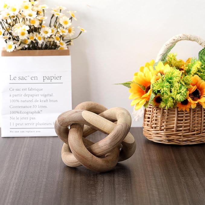 Yalikop 3 Link Wood Knot Decor Rustic Home Décor Accents Hand Carved Coffee Table Decoration, Boho Chain Link Decoration, Modern Shelf, Rustic Objects for Home Living Room Bedroom(Acacia Wood) - Image 6