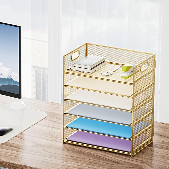 Marbrasse 2 Pack Desk Organizer with Handle, 6 Tier Paper Letter Tray, Mesh Desk File Organizer for Office, School and Home - Gold - Image 6