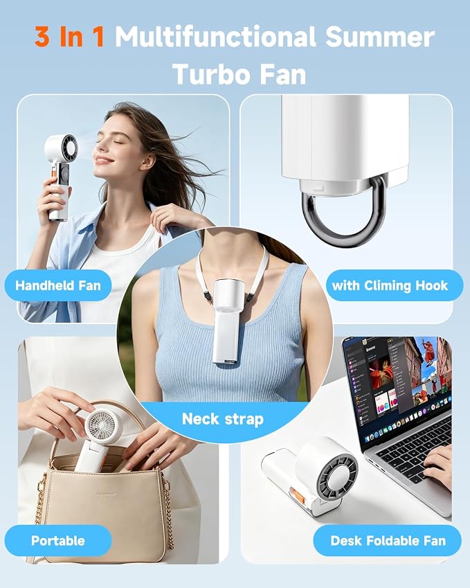 Handheld Turbo Fan 5000mAh Cooling Fan with TEC Semiconductor Fast Chilling, 5 Speeds, 135° Foldable & 360° Airflow, USB Output for Phone Charging, Portable Desktop or Neck Fan for Travel Outdoor Home - Image 7