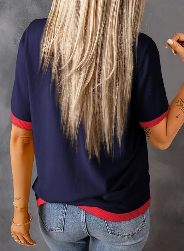 Dokotoo Womens Tops 2026 Casual Summer Crewneck Short Sleeve Striped Color Block Knit High Low Trendy Pullover Sweaters - Image 3