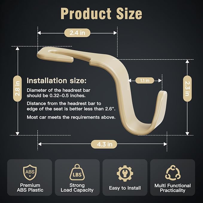 Amooca 4-Pack Car Headrest Hooks –Holds 55lbs Vehicle Storage Organizer for Purses Handbags Groceries Coats 360° Rotating Simple Design Beige - Image 6