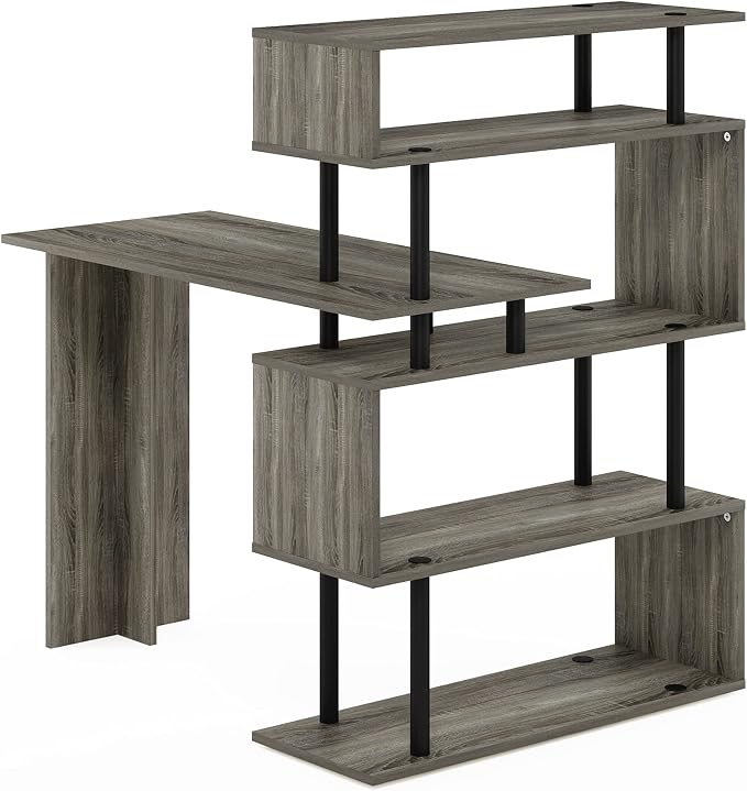 Furinno Classic L Shape Computer Desk, Gaming Desk, Office Desk with 5-Tier Shelves, 40" Wide, for Home Office, Study, Gaming, Grey Oak - Image 8