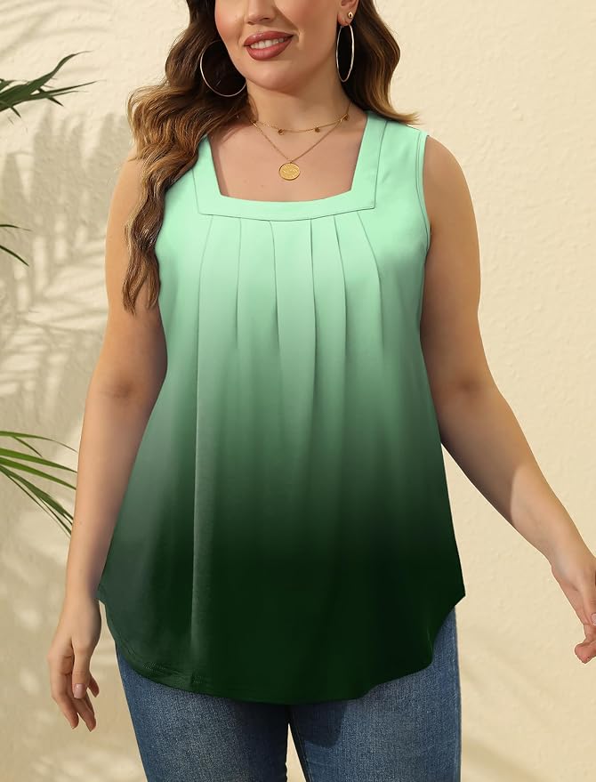 Saloogoe Summer Tank Tops for Women Loose Fit Pleated Square Neck Sleeveless Tops Curved Hem Flowy - Image 5