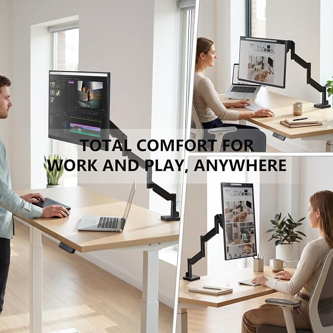 WALI Extra Long Single Monitor Arm for 17-38 inch Screens, up to 26.4 lbs | Tall Monitor Desk Mount, Full Motion with Tilt, Swivel, Rotation, C-Clamp/Grommet Base, VESA 75/100mm (GSMP001L), Black - Image 8