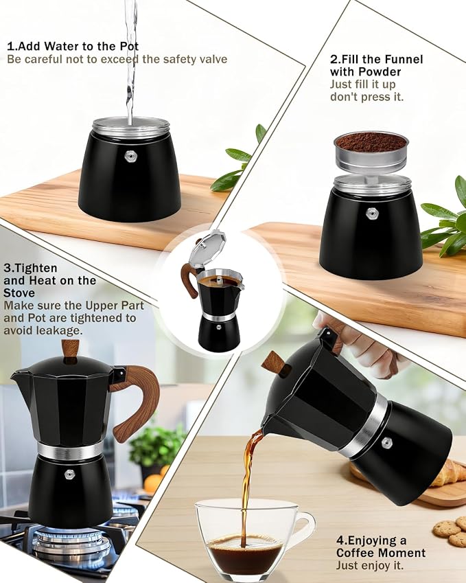 Coffee Maker Stovetop Espresso Maker 6 Cup Aluminum Moka Pot Percolator 10oz 300ml Easy Brewing for Electric Ceramic Stoves Home Camping Italian Cuban Café Classic Black - Image 9