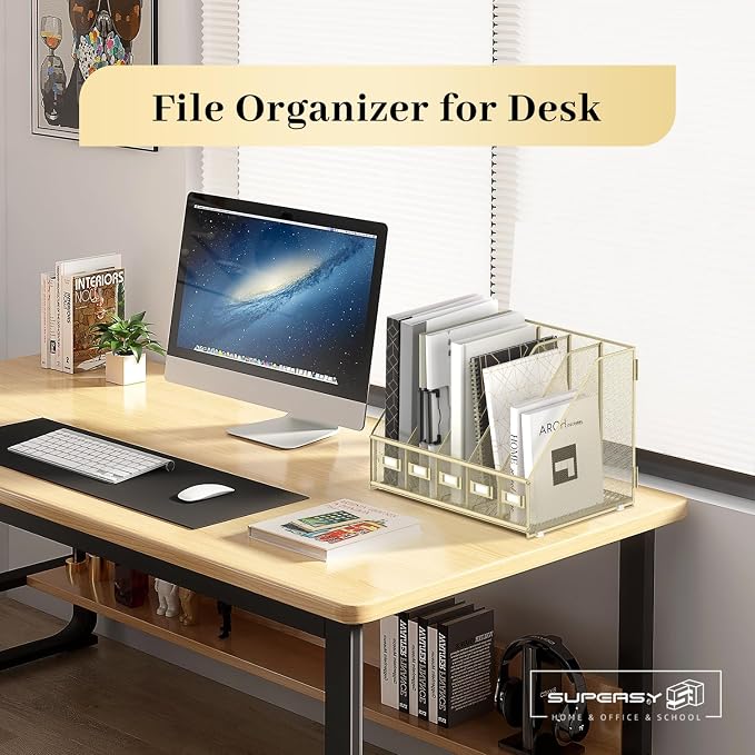 SUPEASY Desk Organizers Metal Desk Magazine File Holder with 5 Vertical Compartments Rack File Organizer for Office Desktop, Classroom, Home Workspace, Golden Yellow - Image 7