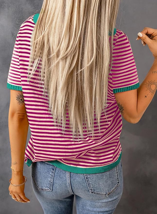 Dokotoo Womens Tops 2026 Casual Summer Crewneck Short Sleeve Striped Color Block Knit High Low Trendy Pullover Sweaters - Image 5