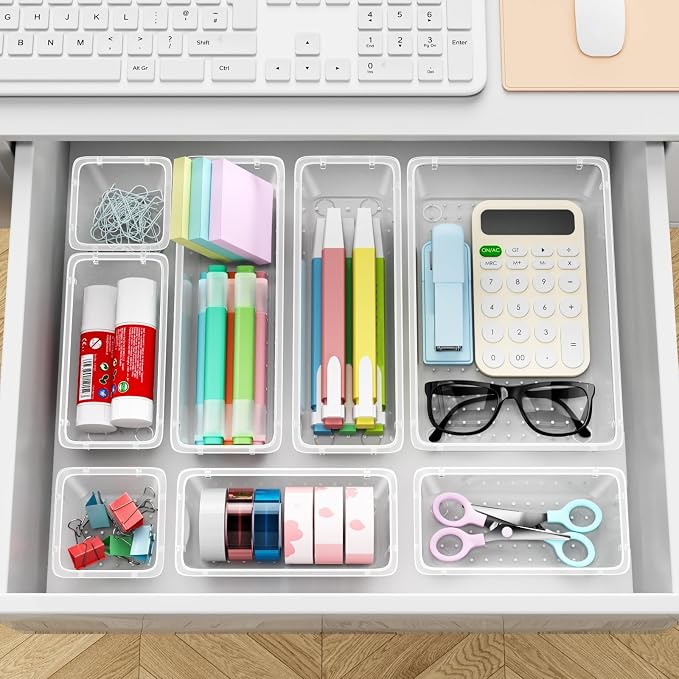 ElegantArray 36 PCS Drawer Organizer Set, 4 Sizes Tool Storage Trays, Clear Plastic Makeup Vanity Organizer and Storage Bins for Makeup, Stationeries, Multiple Gadgets for Bathroom, Office, Bedroom - Image 7