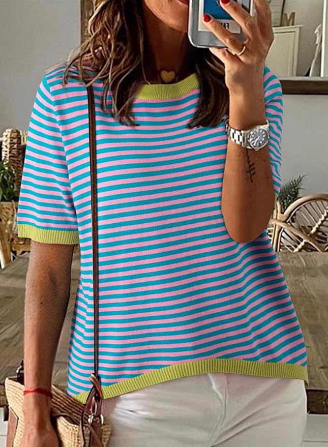 Dokotoo Womens Tops 2026 Casual Summer Crewneck Short Sleeve Striped Color Block Knit High Low Trendy Pullover Sweaters - Image 4