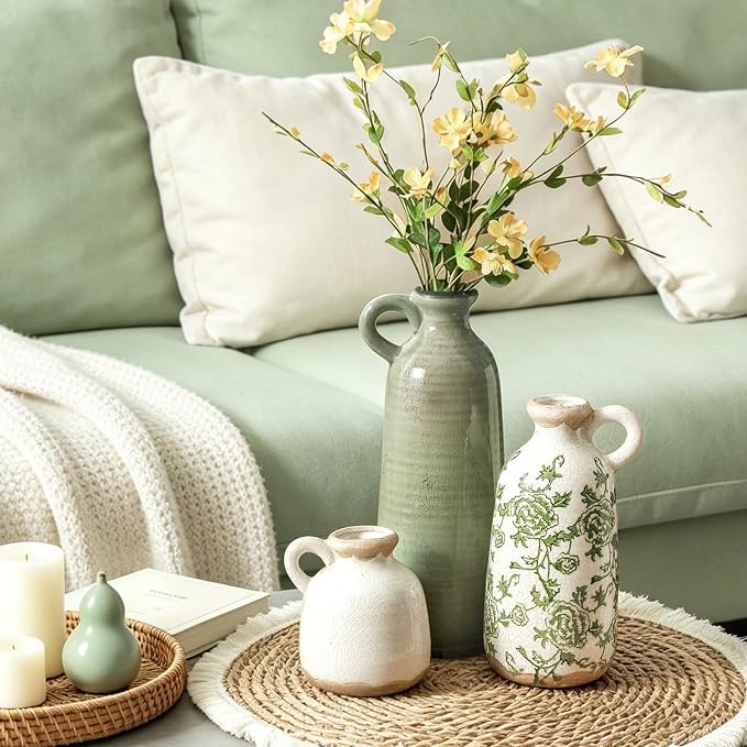 Vintage Vase Set of 3 with Handle, Ceramic Vintage Rustic Vases Home Decor Farmhouse Decorative Vase Pottery Decor Modern for Table Mantel Entryway Bookshelf Living Room Kitchen Bedroom - Green - Image 7
