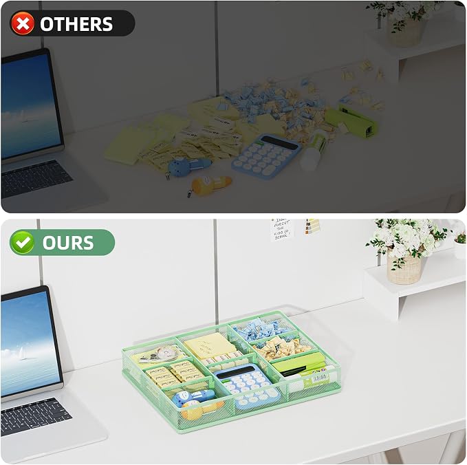 Marbrasse Desk Drawer Organizer, Metal Mesh Drawer Organizer Tray with 5 Adjustable Compartments,Desk Organizers and Accessories for Home,Office,Kitchen,Makeup,Vanity (Green) - Image 6