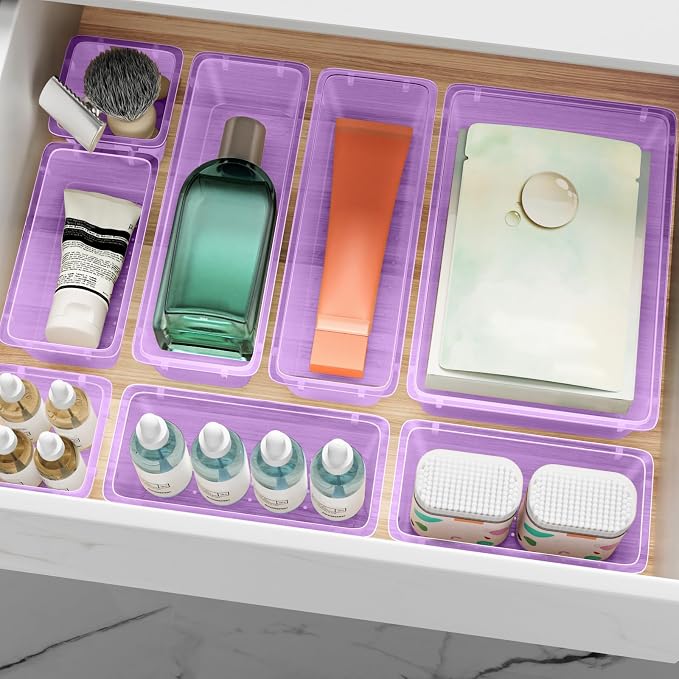 12 PCS Drawer Organizer Set, Makeup Organizers, Tool Storage Trays, Pueple | 4 Sizes, Plastic, Stackable, Multiple Gadgets, Desk Drawer Divider Organizers, for Makeup, Office Supplies Storage - Image 7