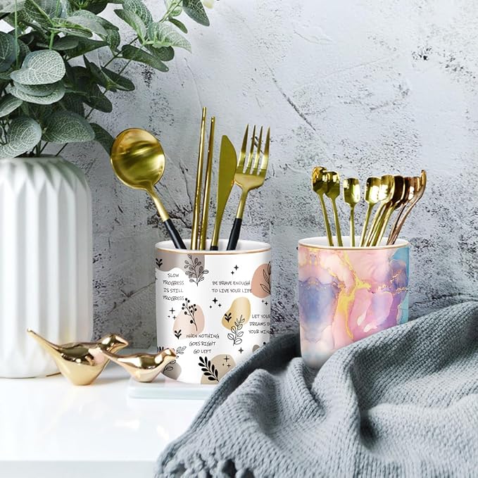 Cute Desk Pens Holder, Pencil Cup Holder for Desk, Ceramic Desktop Storage Pen Pencil Organizers Stationery Supplies for Office, Home, Gold Pattern - Image 7