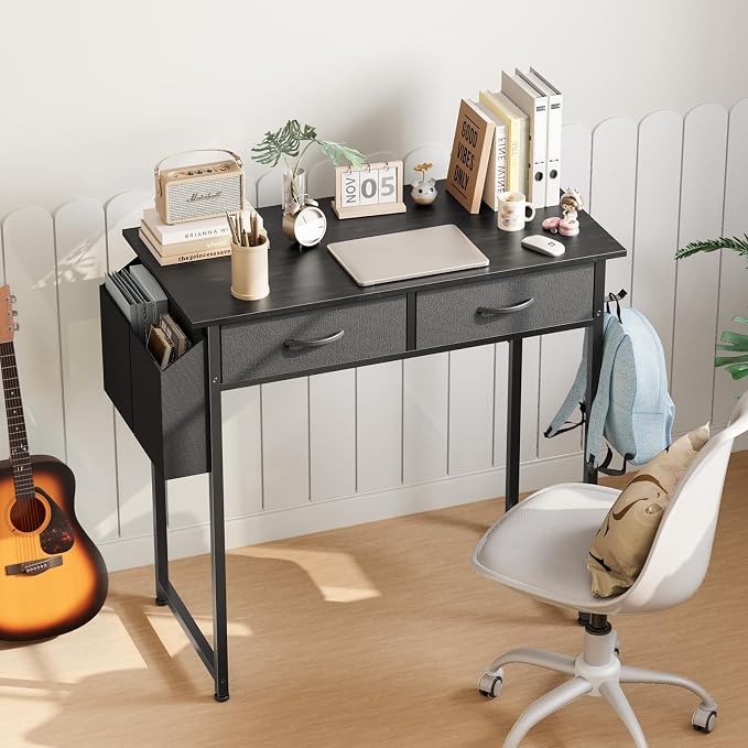 OLIXIS 32 Inch Small Desk, Computer Desk, Home Office | Fabric Drawers, Side Bag, Headphone Hook, Writing Study Work Table, Bedroom, Sleek Black - Image 8